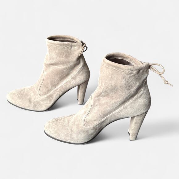Stuart Weitzman Designer Suede Ankle Boots‎ Taupe Block Heel Tie-Back 9.5 - Picture 5 of 9